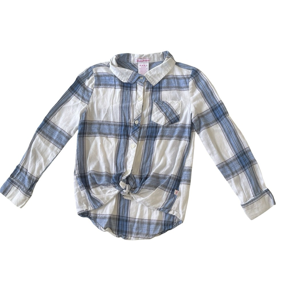 Tommy Bahama Girls Size 8 Blue White Plaid Button Up Shirt Tie Front Long Sleeve